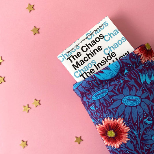 Padded Paper + Word book sleeve in a dark blue and purple floral pattern